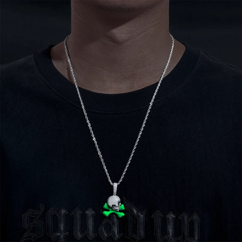 Glow in the Dark Enamel Skull and Crossbones Pendant Necklace for Men, image 6