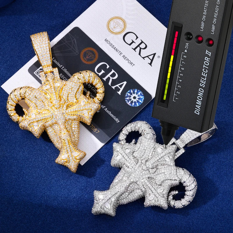 Iced Out Ram Head Cross Pendant Necklace for Men, image 4