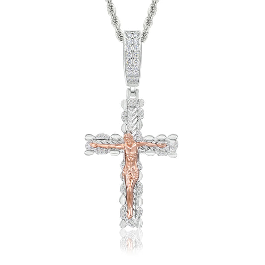 Iced Out Two Tone Cross Pendant Necklace for Men