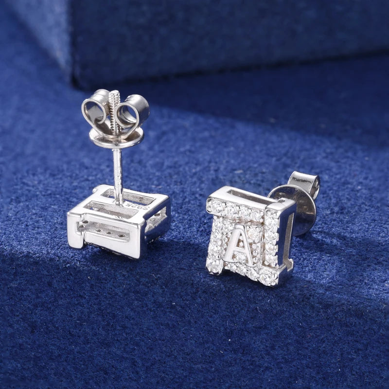 8mm Iced Out Moissanite Letter A Square Stud Earrings for Men, image 6
