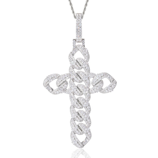 Iced Out Cuban Link Cross Pendant Necklace for Men