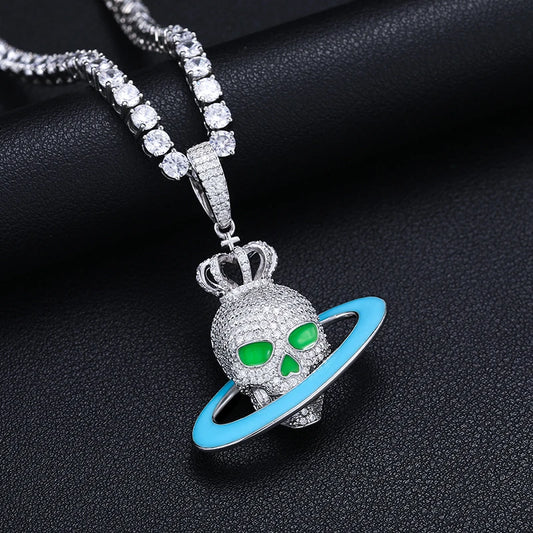 Glow in the Dark Moissanite Skull and Planet Pendant Necklace for Men, image 5