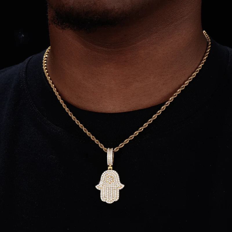 Iced Out Moissanite Hamsa Hand Pendant Necklace, image 6