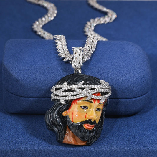 Enamel Jesus Head Pendant Necklace for Men
