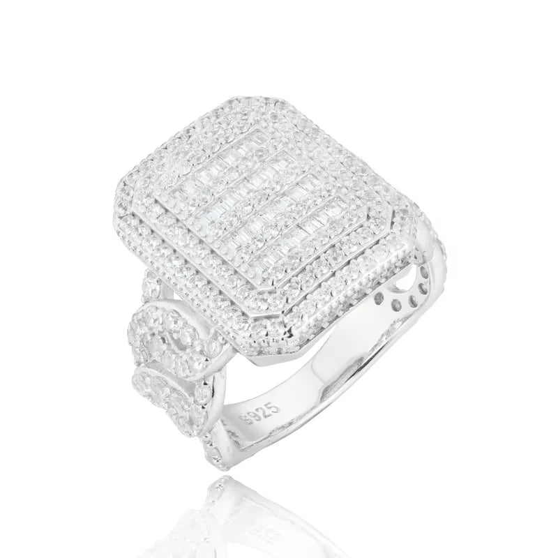 Iced Out Square Face Ring for Men with Cuban Link Band