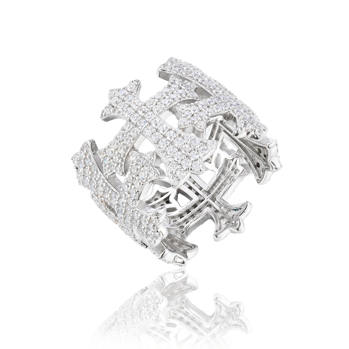 Iced Out Cross and Crown Wide Band Ring for Men