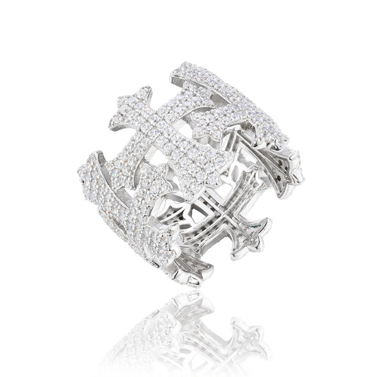 Iced Out Cross and Crown Wide Band Ring for Men