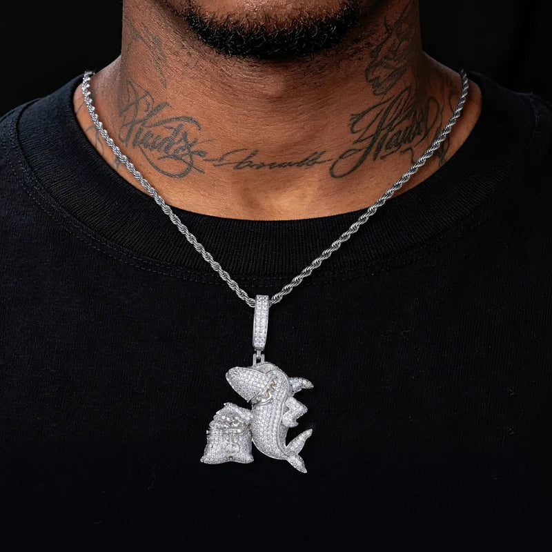 Iced Out Moissanite Shark and Money Bag Pendant Necklace for Men, image 6