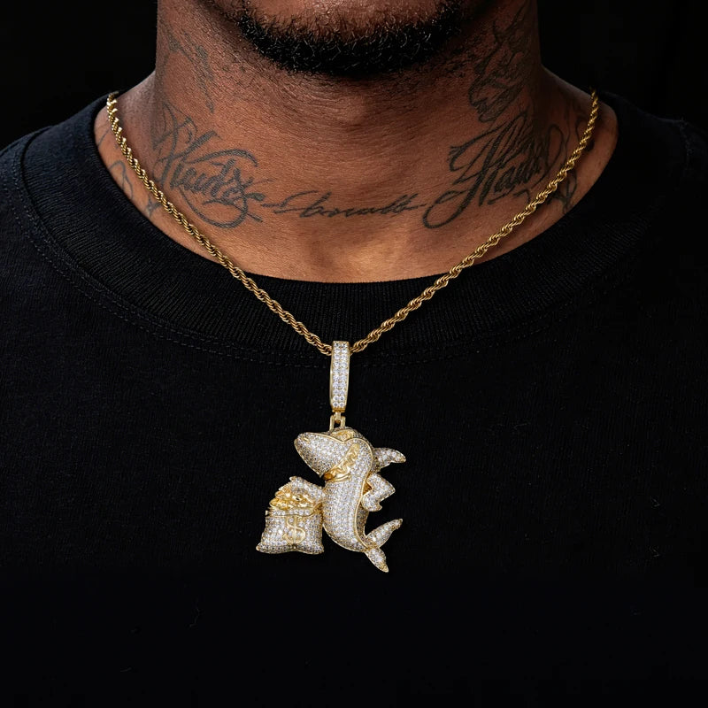 Iced Out Moissanite Shark and Money Bag Pendant Necklace for Men, image 7