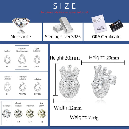Iced Out Crown Lion Stud Earrings for Men, image 4