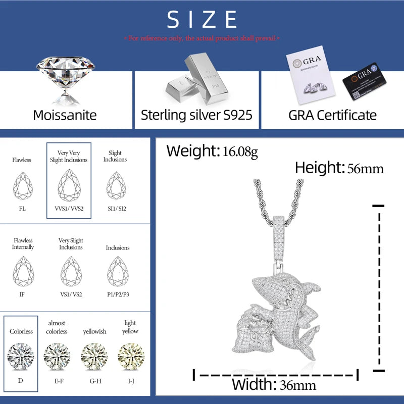 Iced Out Moissanite Shark and Money Bag Pendant Necklace for Men, image 3