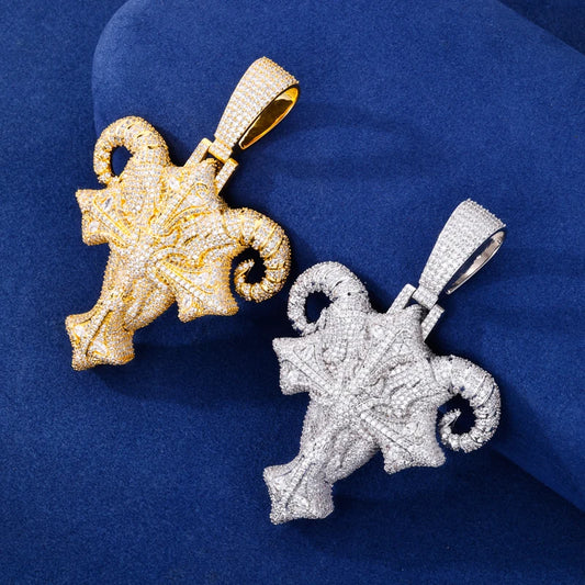 Iced Out Ram Head Cross Pendant Necklace for Men, image 5