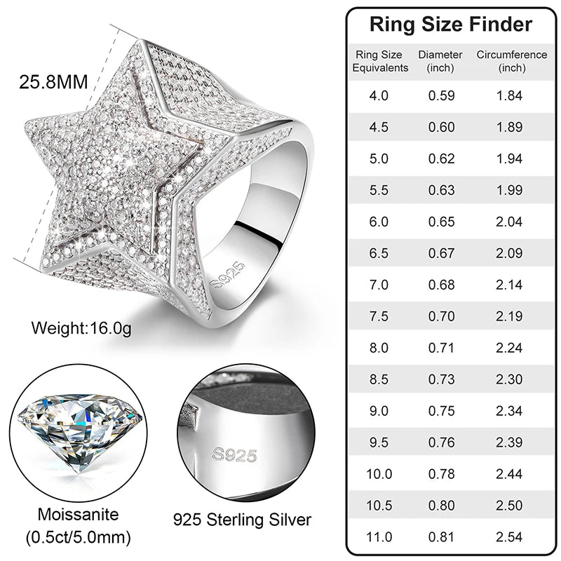 Iced Out Moissanite Star Ring for Men, image 5