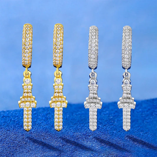 Iced Out Moissanite Cross Drop Huggie Earrings for Men, image 6