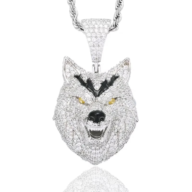 Iced Out 3D Wolf Head Pendant Necklace for Men