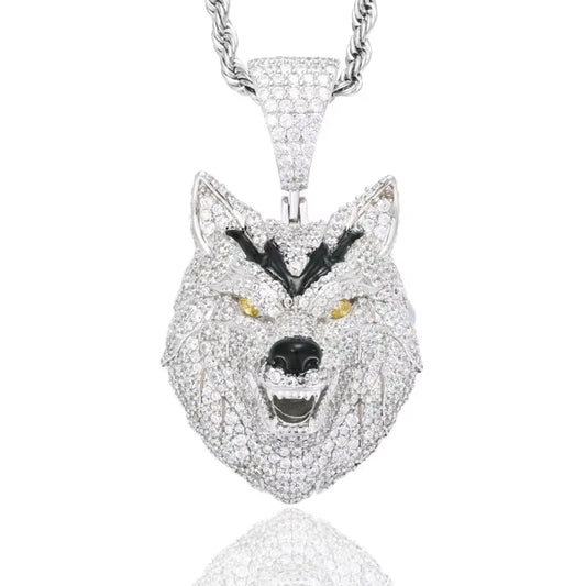 Iced Out 3D Wolf Head Pendant Necklace for Men