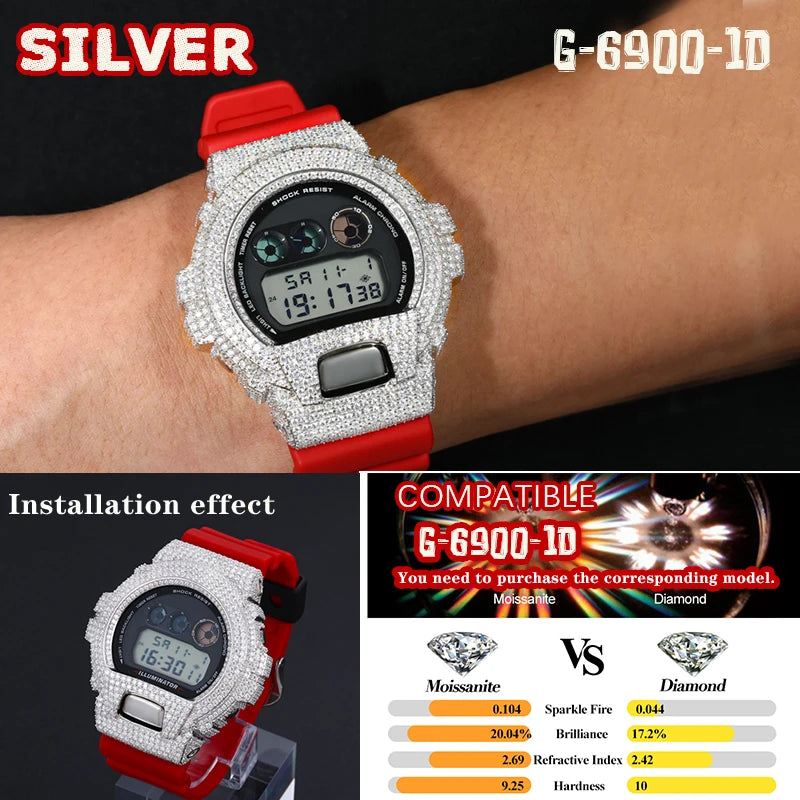 Iced Out Moissanite Watch Case for Casio G-Shock DW-6900, image 10