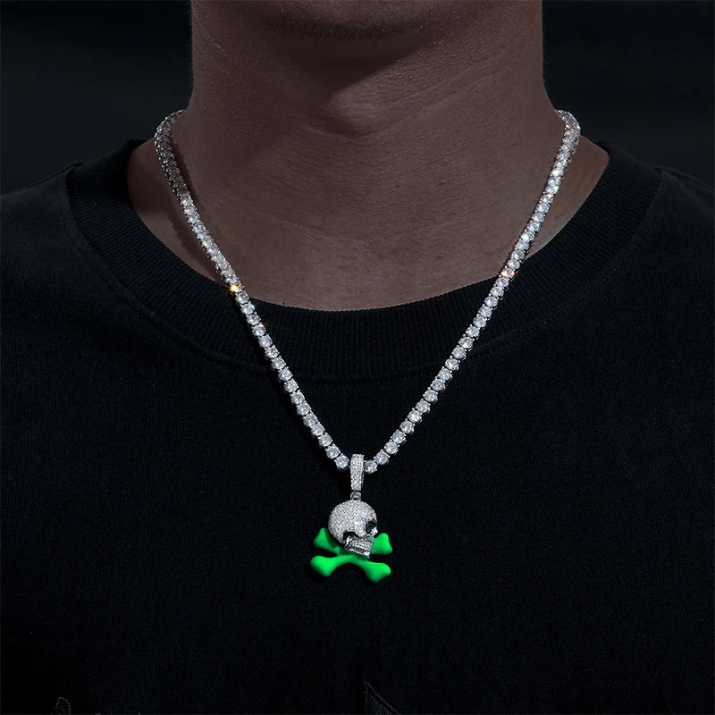 Glow in the Dark Enamel Skull and Crossbones Pendant Necklace for Men, image 7