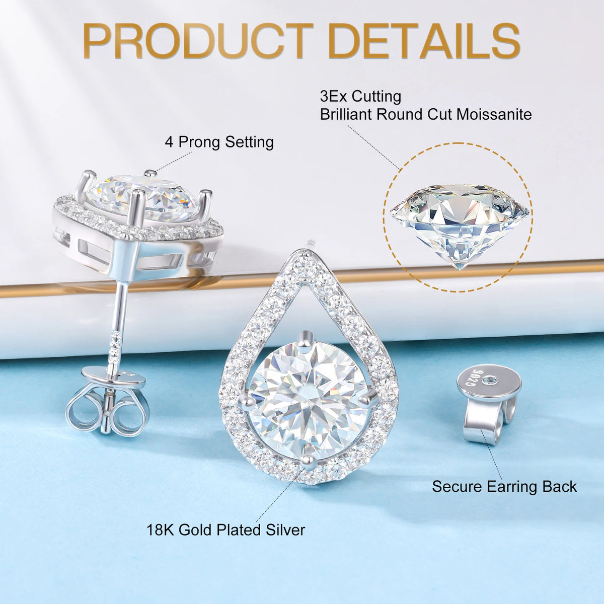 Moissanite Teardrop Halo Stud Earrings, image 4