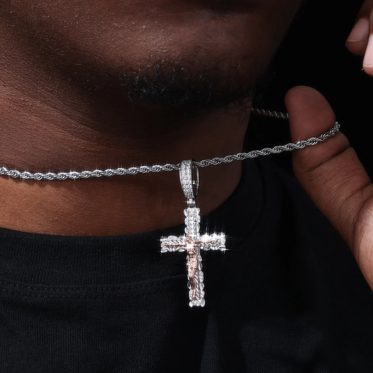 Iced Out Two Tone Cross Pendant Necklace for Men, image 6
