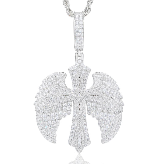 Iced Out Cross and Angel Wings Pendant Necklace for Men