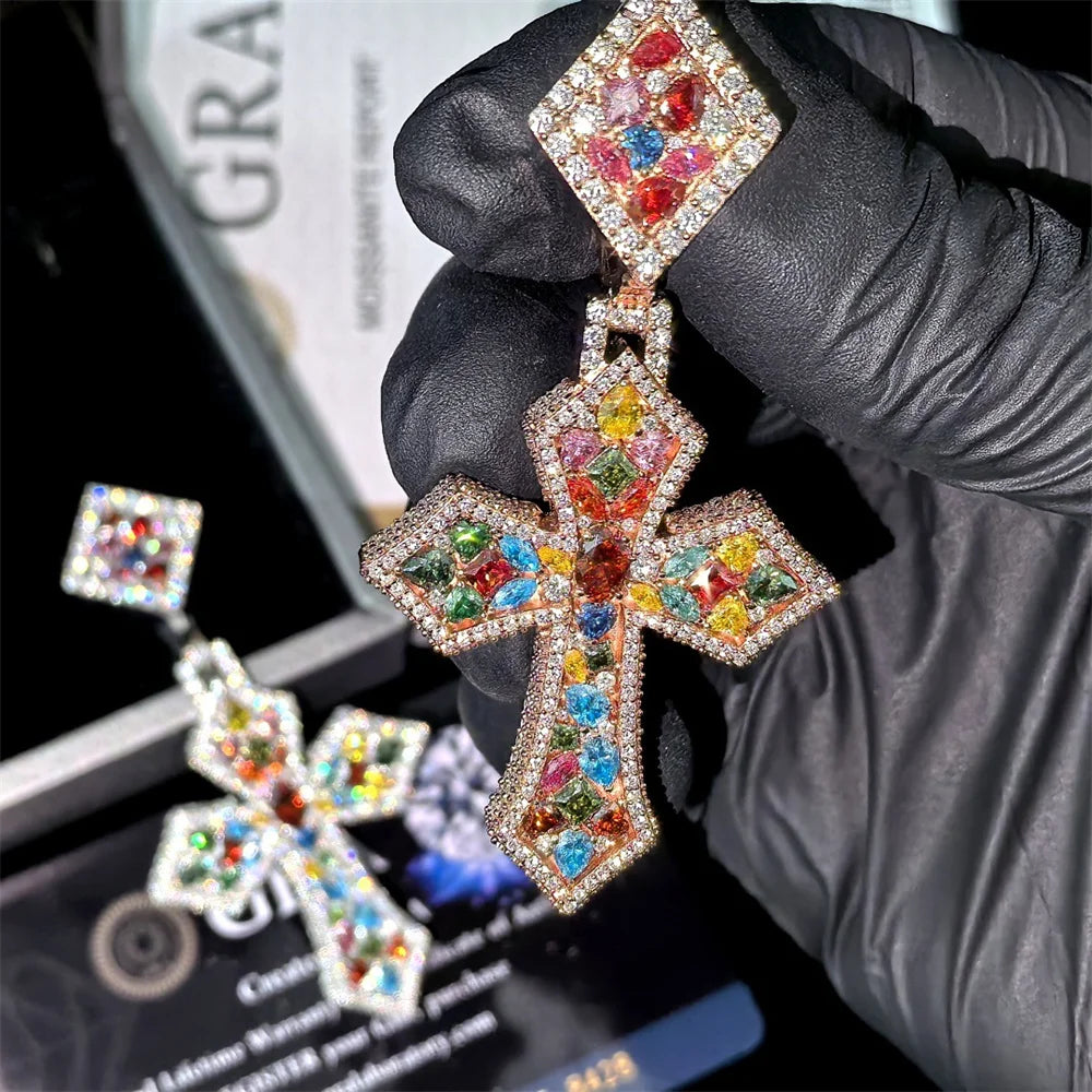 Colourful or Silver Moissanite Cross Pendant for Men