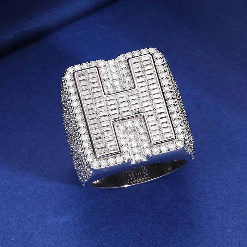 Iced Out Moissanite Initial Ring for Men