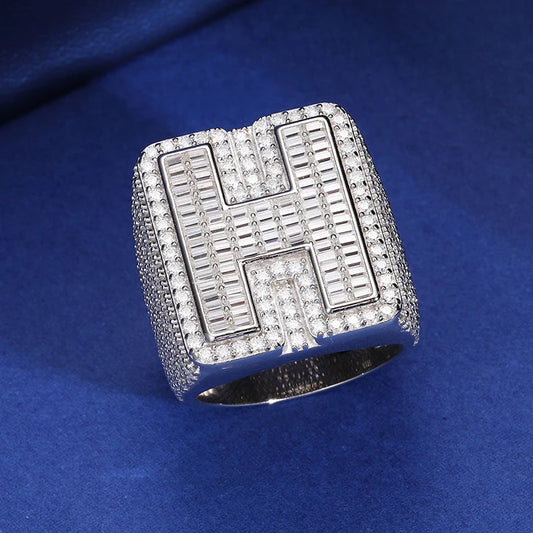 Iced Out Moissanite Initial Ring for Men