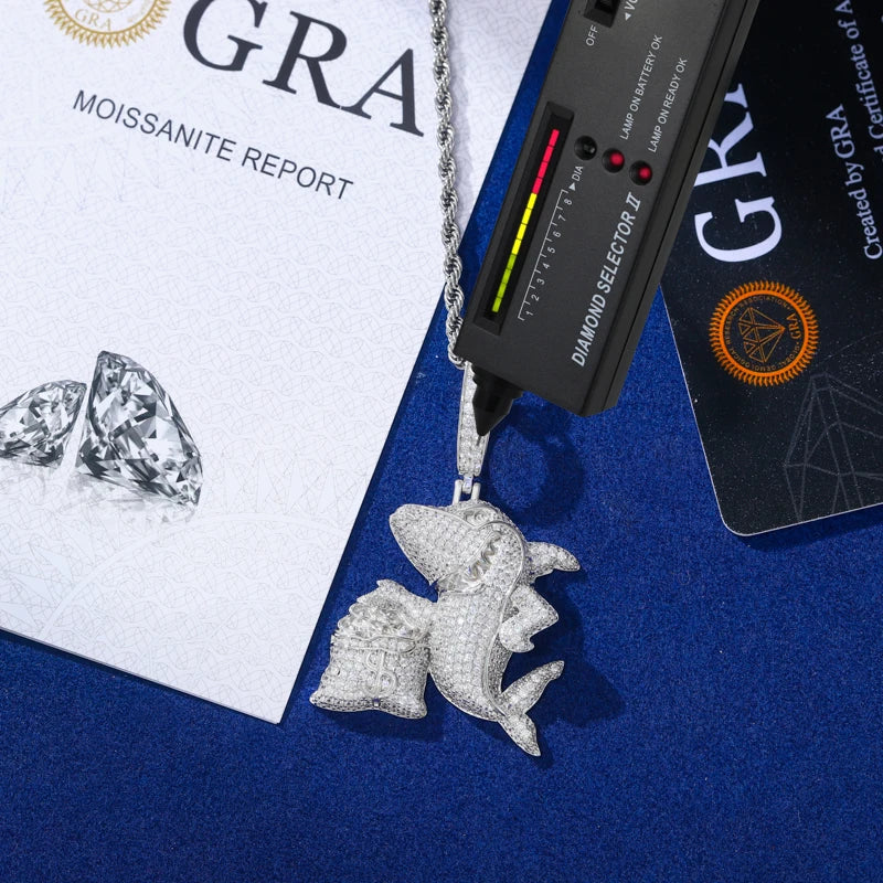 Iced Out Moissanite Shark and Money Bag Pendant Necklace for Men, image 4