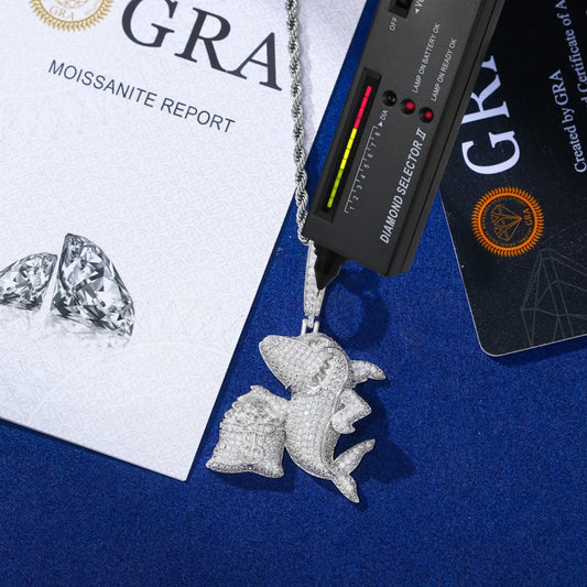 Iced Out Moissanite Shark and Money Bag Pendant Necklace for Men, image 4