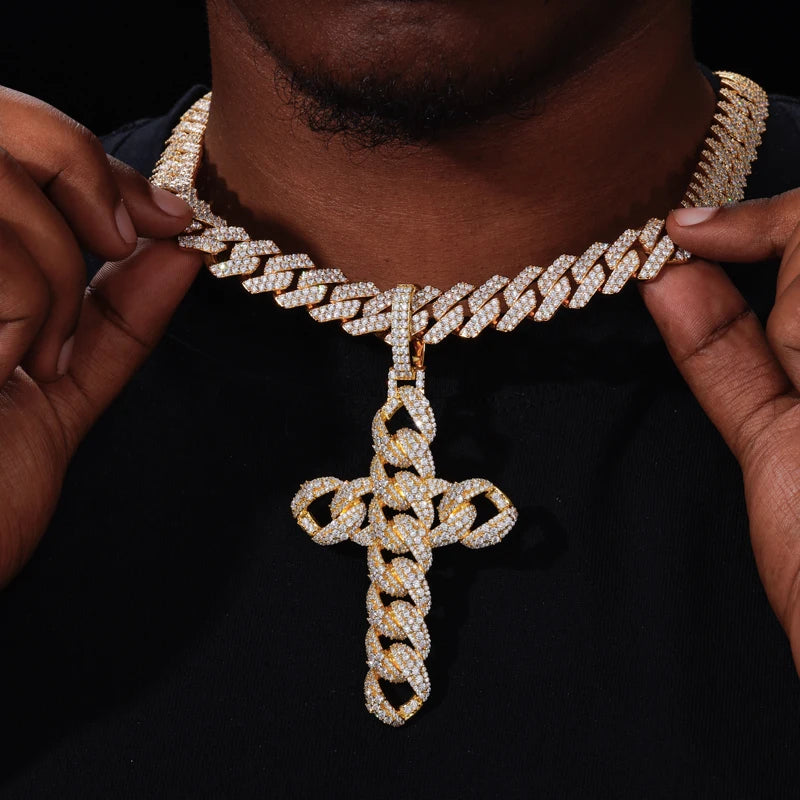 Iced Out Cuban Link Cross Pendant Necklace for Men, image 7