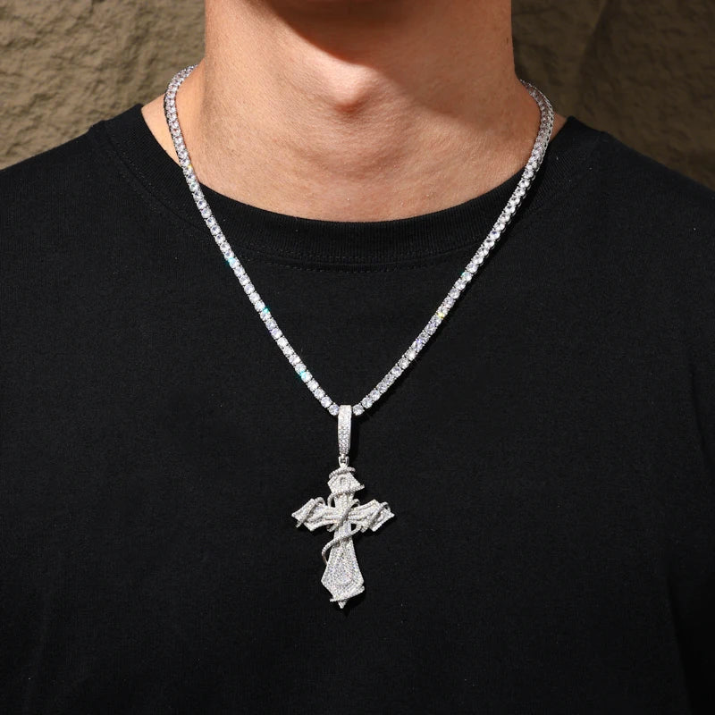 Iced Out Moissanite Ornate Cross Pendant Necklace, image 6