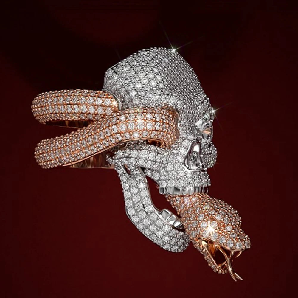 Iced Out Skull and Snake Ring for Men, image 3