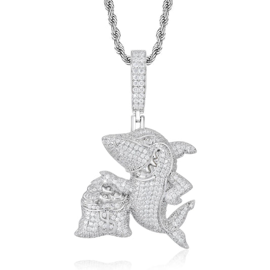 Iced Out Moissanite Shark and Money Bag Pendant Necklace for Men