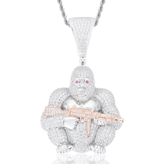 Iced Out Gorilla Head Pendant Necklace for Men