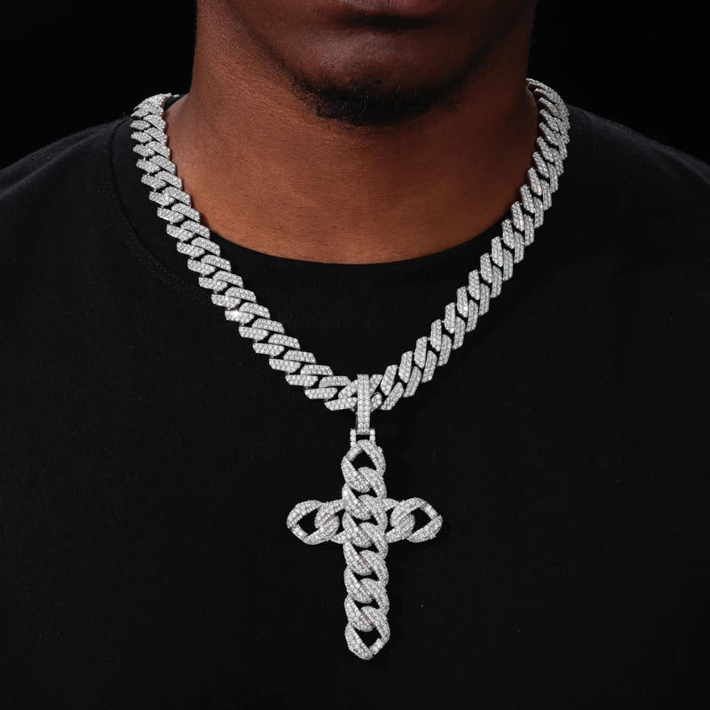 Iced Out Cuban Link Cross Pendant Necklace for Men, image 6