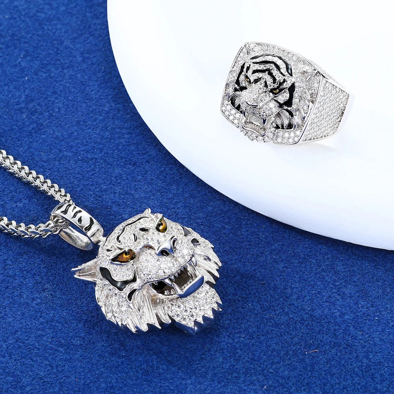 Moissanite Tiger Pendant & Ring Set for Men