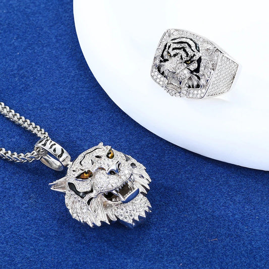 Moissanite Tiger Pendant & Ring Set for Men
