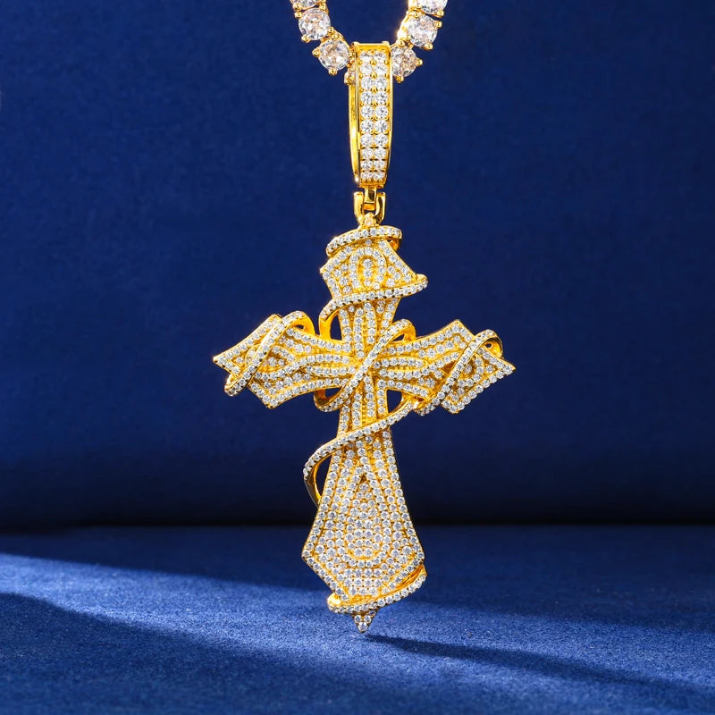 Iced Out Moissanite Ornate Cross Pendant Necklace, image 5