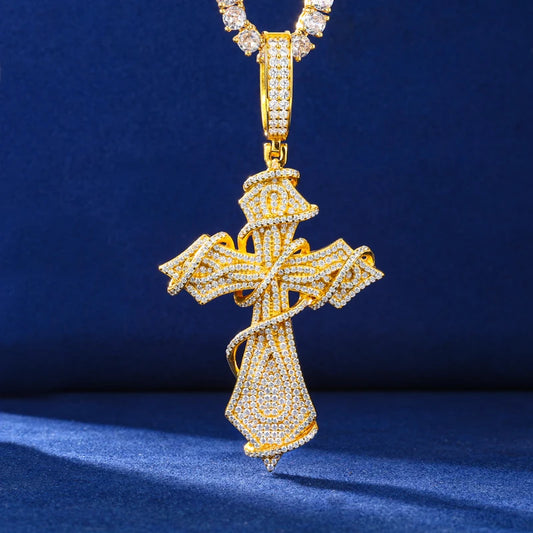 Iced Out Moissanite Ornate Cross Pendant Necklace, image 5