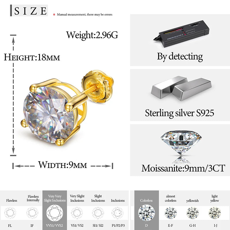 9mm 3ct Round Cut Moissanite Stud Earrings, image 4