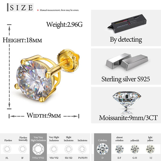 9mm 3ct Round Cut Moissanite Stud Earrings, image 4