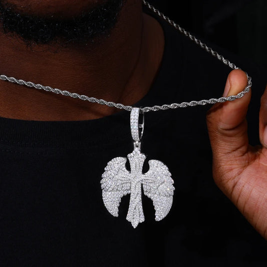 Iced Out Cross and Angel Wings Pendant Necklace for Men, image 6