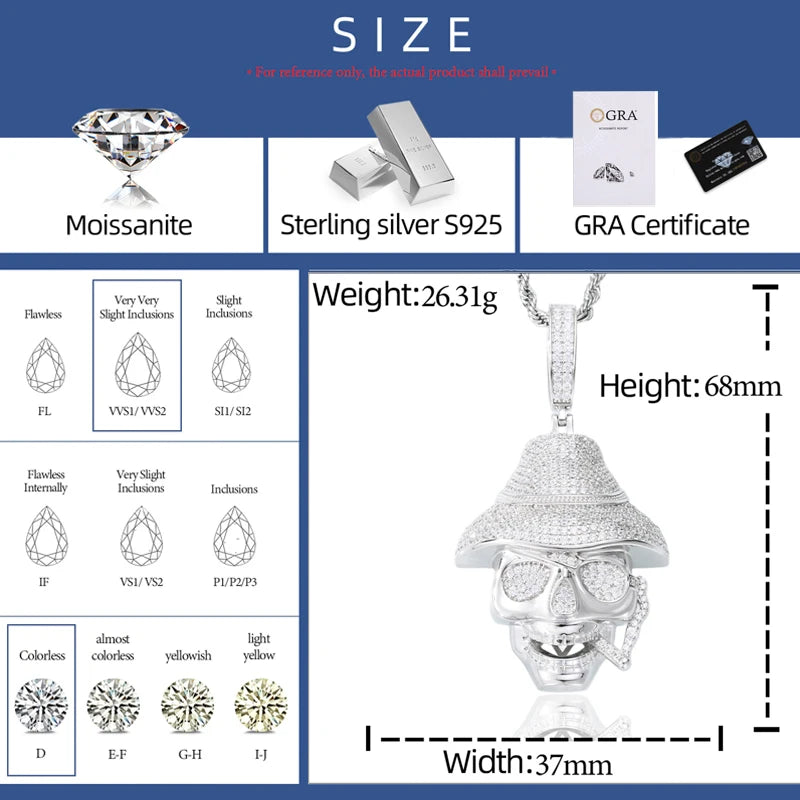 Iced Out Moissanite Smoking Skull Pendant Necklace for Men, image 4