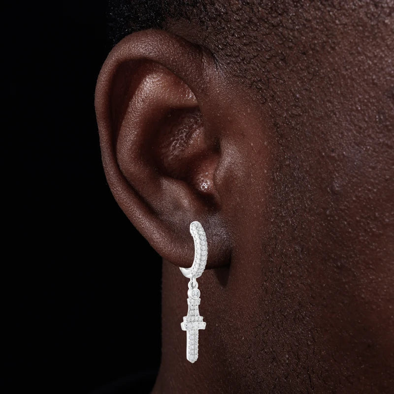 Iced Out Moissanite Cross Drop Huggie Earrings for Men, image 8