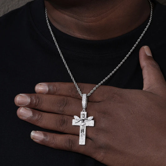 Moissanite Angel Cross Pendant Necklace for Men, image 6