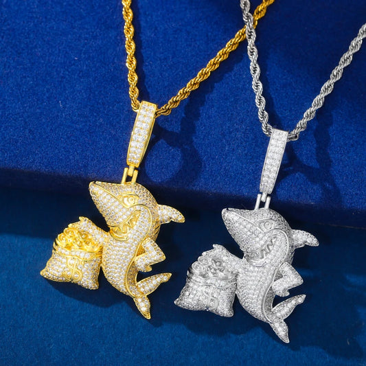Iced Out Moissanite Shark and Money Bag Pendant Necklace for Men, image 5