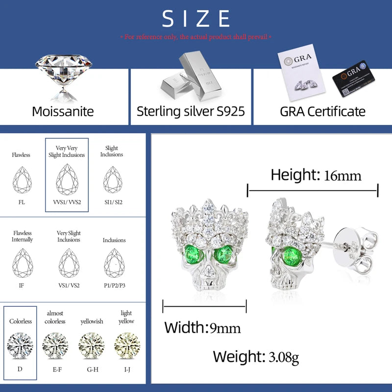 Iced Out Moissanite Skull Stud Earrings for Men, image 4