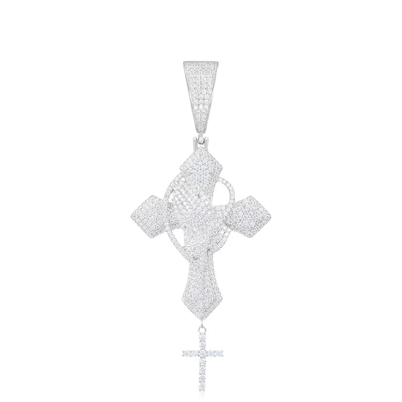 Iced Out Moissanite Praying Hands Cross Pendant Necklace for Men, image 2