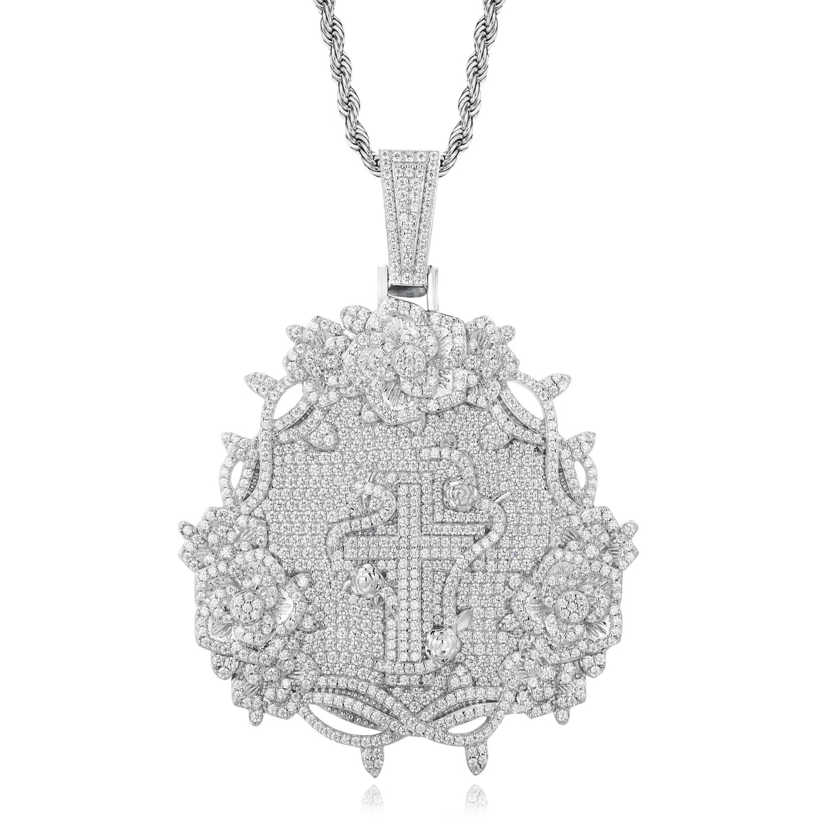 Iced Out Rose Cross Pendant Necklace for Men